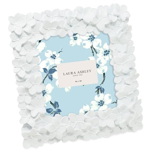 Laura Ashley 4x4 White Flower Textured Hand-Crafted Resin Picture Frame w/Easel & Hook for Tabletop & Wall Display, Decorative Floral Design Home Décor, Photo Gallery, Art (4x4, White)