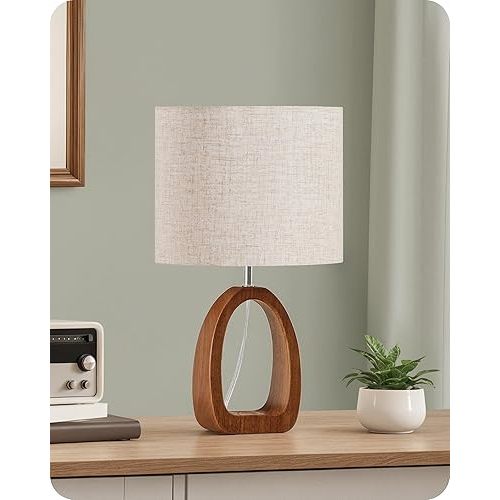 Small Table Lamp, 14.2" Cute Little Desk Lamp, Wood Bedside Lamp with Linen Lampshade, Modern Nightstand Lamp for Bedroom, E26 Base, Bulb Not Included, Beige and Dark Natural LE07TL05
