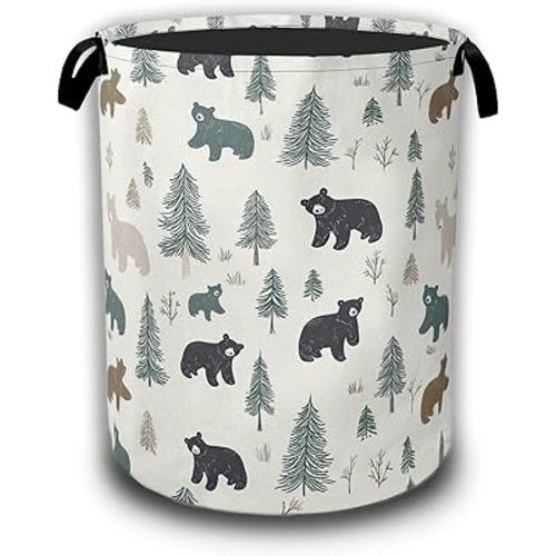 Bear Pine Tree Laundry Basket,Wild Animal Laundry Hamper Waterproof Oxford Cloth Tote Collapsible,Clothes Storage Bucket Decorative Toy Organizer For Bathroom Bedroom 16" x 20.8"
