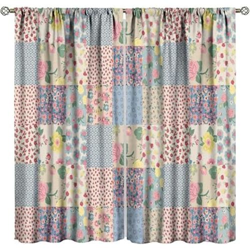 Boho Patchwork Curtains,Farmhouse Vintage Bohemian Floral Colorful Pink Rose Pattern Blackout Rod Pocket Window Drapes for Bedroom Living Room Kitchen 52x84 Inch
