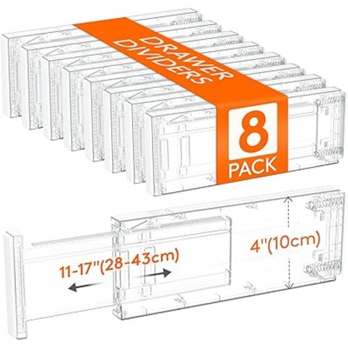 Lifewit 8 Pack Drawer Dividers 4" High, 11-17" Adjustable Dresser Drawer Organizers for Clothes, Expandable Dresser Separators in Bedroom/Bathroom/Kitchen/Vanity/Office Organization and Storage,Clear
