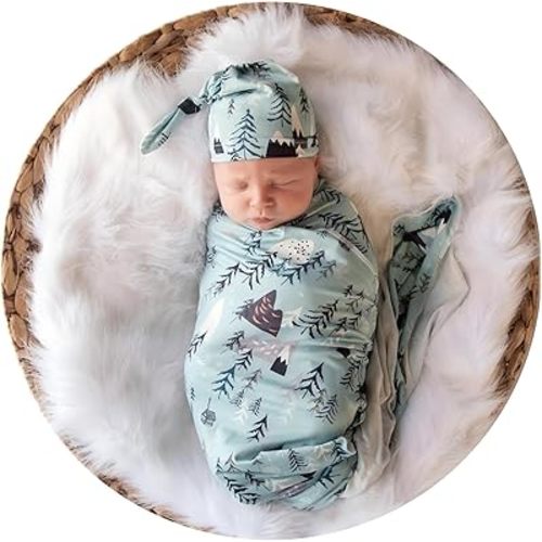 Newborn Receiving Blanket Swaddle Blanket Hat Set for Baby Snug Wrap (Mountain&Tree)