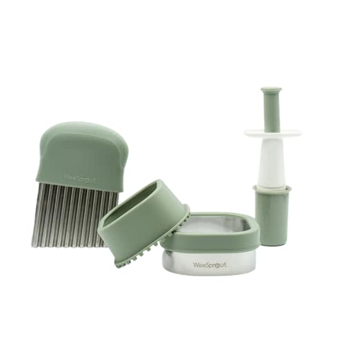 Baby Led Weaning Kitchen Tool Set, Includes Crinkle Cutter, Grape Cutter & Sandwich Cutter, Made In Collaboration With Feeding Specialist, Durable & Dishwasher Safe, Matte Green