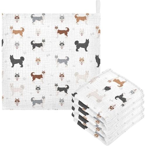 vvfelixl Baby Cotton Washcloths Siberian Husky Dog Infants Bath Towel for Unisex Puppy Face Towels for Newborn, Natural Baby Wipes Delicate Skin, 11.8 X 11.8 inch, one sizex5