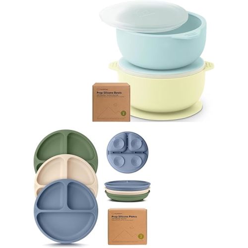 Keababies 2-Pack Baby Bowls with Suctions, Lids and Suction Plates for Baby, Toddler - Silicone Suction Bowls for Baby Boy, Girl, Silicone Bowl BPA-Free - 3-Pack 100% Silicone Baby Plates with Suction