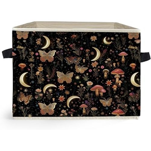 Enchanted Forest Boho Witchy Storage Box Bins, Mystical Moon Butterfly Mushroom Floral Collapsible Storage Basket Organizer for Bedroom Laundry Room Clothes Toys Books, Toybox for Girls