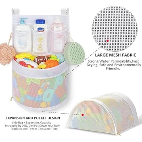 Baby Bath Toy Organizer, quick drying， and mould proof, Multiple-Suspension Bath Toy Holder, Large Capacity Multi Use Bathtub Toy Storage Bag（1 Large, White）