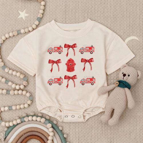 Firetruck Baby Romper Sweatshirt, Cute Firefighter Baby Outfit, Trendy Baby Boy Girl Bodysuit, Hydrant Bow Babywear, Coquette Baby Gift Idea