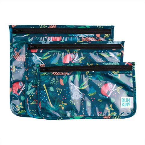 Bumkins Travel Bag, Toiletry, Baby, TSA Approved Pouch, Zip Bag, Quart Size Compliant, Clear-Sided, Diaper Bag Organization, Makeup, Accessories, Set of 3 - Jungle