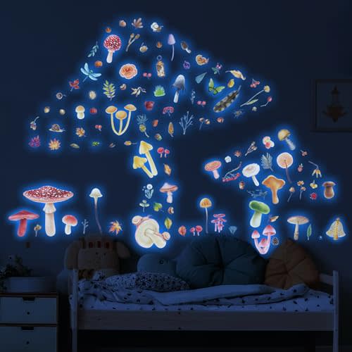 Glow in the Dark Wall Decals - Watercolor Woodland Mushroom Stickers for Ceiling, Aesthetic Colorful Mushroom Decor for Baby Kids Girls Bedroom Nursery Decorations (Blue)