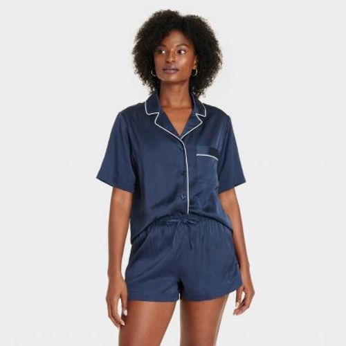 Women's Satin Notch Collar Short Sleeve And Shorts Pajama Set - Auden™ Navy Blue M