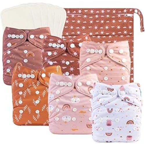 babygoal Baby Cloth Diapers 6 Pack with 6pcs Rayon from Bamboo Inserts and Wet Bag, One Size Reusable Washable Pocket Nappy Covers for Infant Boys and Girls 6FG04