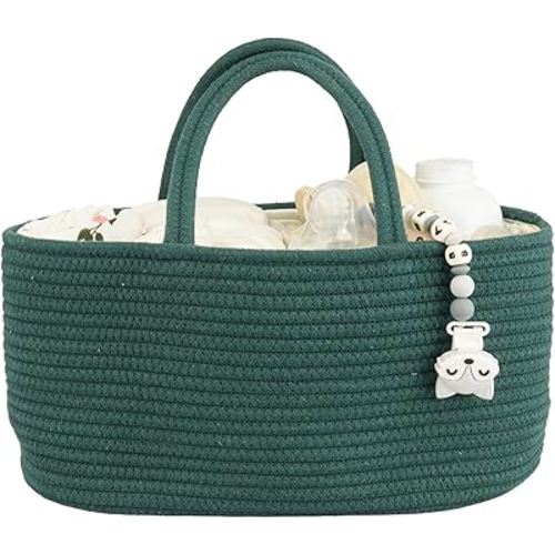 Baby Diaper Caddy Organizer for Girl Boy Rope Nursery Storage Bin Basket Portable Holder Tote Bag for Changing Table Car Travel Baby Shower Gifts Newborn Essentials Registry Must Have Items Dark Green
