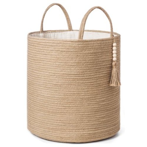 Mkono Woven Storage Basket with Decorative Bead Organizer Bin with Handles for Blankets Toys Clothes 15"W x 17.7"L, Brown