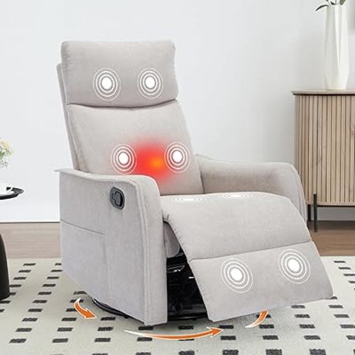 Manual Rocker Swivel Recliner Chair for Adults, Overstuffed Recliner Glider with Massage and Heat, Comfy Soft Fabric, Living Room Reclining Sofa Chair, Beige