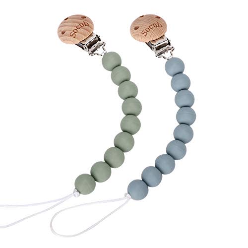 Pacifier Clip, Silicone Pacifier Holders (2 Pack), BPA Free, Socub Pacifier Clips for Teething Toy, Best Newborn Shower Gift for Boy and Girl, Sage and Ether