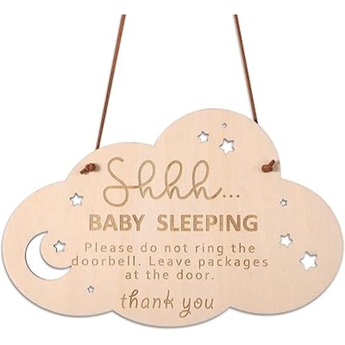 Baby Sleeping Sign for Door, 8.66x5.51in Shh Sleeping Baby Door Sign Hanger Please Do Not Knock Disturb Hanger Sign Do Not Knock Enter Door Hanger Sign for Kids Baby Room Decor Outside Porch