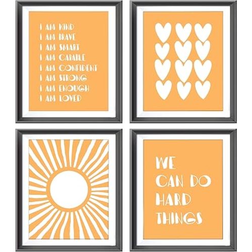 I am Kind Brave Smart Affirmations Orange Sun Sunshine Hearts Poster Prints for Girls Kids Room Playroom Decor,Girl Nursery Decorations Prints Wall Art Unframed 4pcs 8x10inches,Girls Kids Gifts