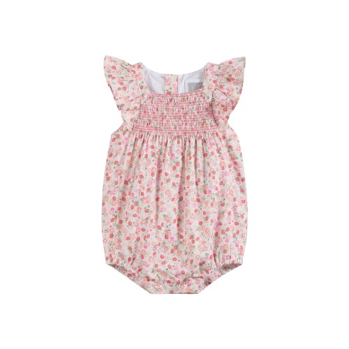Palmetto Kids Boutique Floral Strawberry Smocked Flutter Bubble - Floral Strawberry Smocked Flutter Bubble