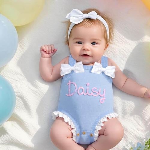Baby Girl Romper with Name,Custom Hand Knit Romper,Toddler Girl Romper Summer,Personalized Name Romper with Bow,1st Birthday Romper,New Baby