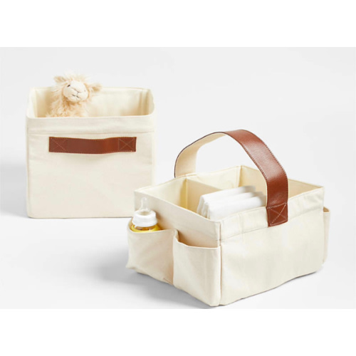 Canvas Diaper Caddy Organizer with Brown Leather Handle