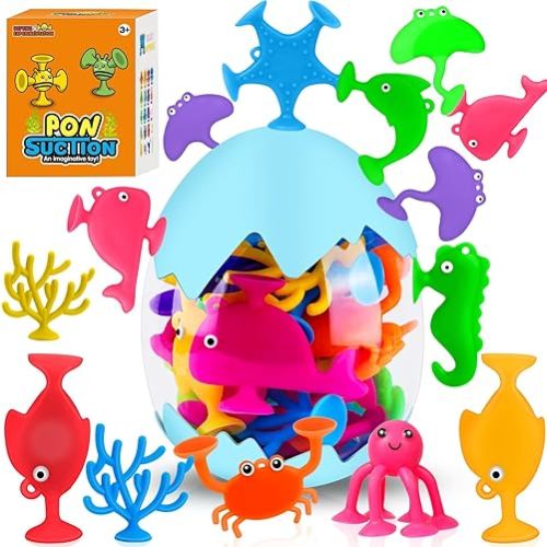 18PCS Suction Bath Toys for Toddler Kids, Mold Free Silicone Ocean Animals Suction Cup Bathtub Toys, No Hole Sensory Window Fidget Toys, Fun Creative Gift for Boys Girls with Eggshell