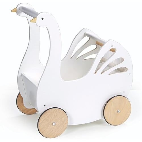 Tender Leaf Toys - Sweet Swan Pram - Wooden Swan Shape Dolls Stroller - Inspired Role-Play Toy for Boys and Girls, Improve Gross Motor Skills and Creativity - Age 18m +
