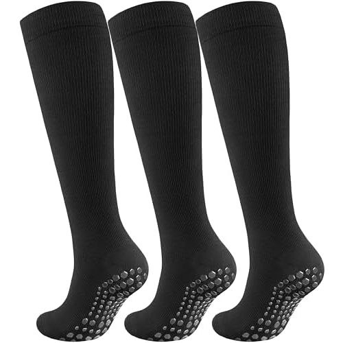 Cotton Compression Socks Women&Men with Grips Non Slip 15-20mmHg Knee High Graduated Sock for Nurse, Pregnancy, Yoga