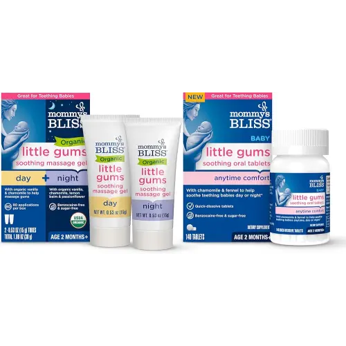 Mommy's Bliss Organic Little Gums Soothing Massage Gel & Oral Tablets Day and Night Combo, Age 2 Months+, Sugar Free, Mild & Sweet Flavor| 2-0.53 Oz Tubes + 1 Bottle (140 Tablets)