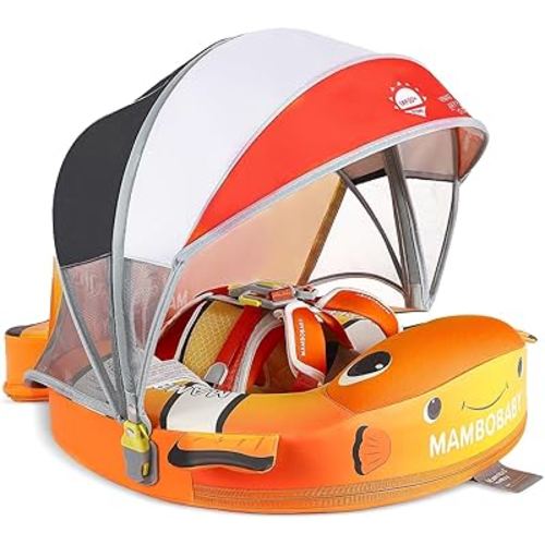 Mambobaby Baby Pool Float with Canopy, Non-Inflatable Infant Floats with Tail Solid Upgrade Soft Waterproof Skin-Friendly Mambo Baby Swimming Float for 3-24 Months Baby Boys Girls