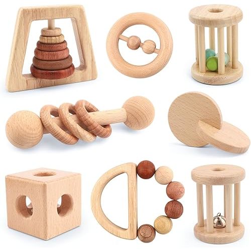Wooden Baby Toys, 8PCS Wood Montessori Toys for Babies 18-36 Months, Wooden Baby Rattles Set for Grasping, Sensory Development and Cognitive Growth, Gift for Infant Girls Boys