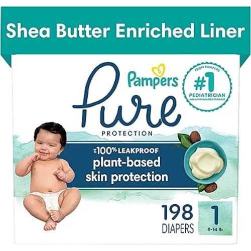 Pampers Pure Protection Diapers - Size 1, One Month Supply (198 Count), Hypoallergenic Premium Disposable Baby Diapers