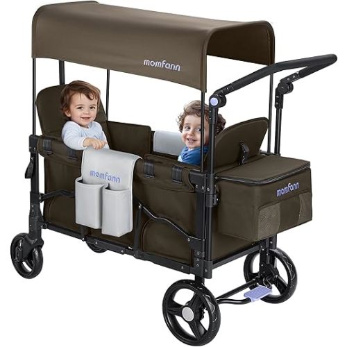 Wagon Stroller for 2 Kids, Double-Seater Baby Wagon with Canopy, Adjustable Handle and Pull Bar, Compact Design for Toddlers and Infants, for Outdoor Adventures (Brown)
