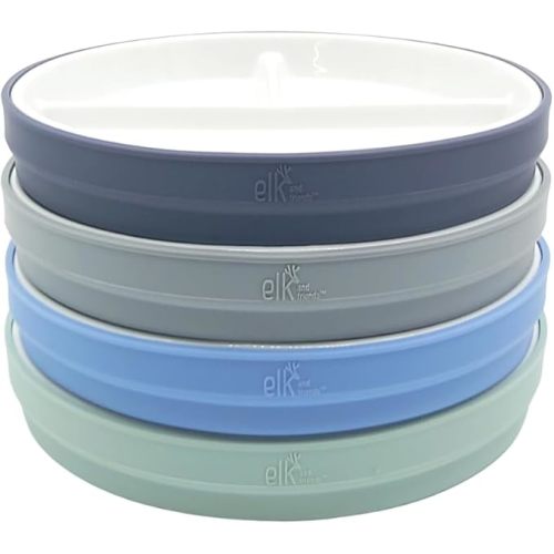 Elk and Friends Kids 7.8” Porcelain Divided Plates with Silicone Sleeves
