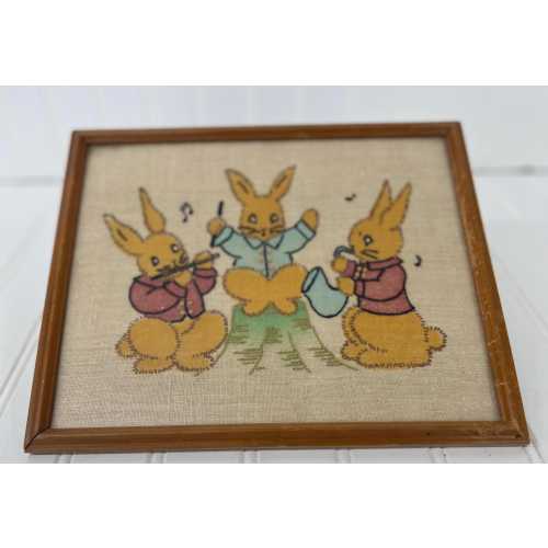 Vintage Needlepoint Wall Art – Musical Bunny Trio – Nursery Decor – Kids Room Wall Hanging – Embroidered Bunny Band – 1970s Style Animal Art