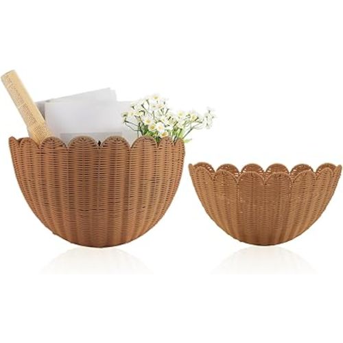 2 Pack Scalloped Wicker Wall Baskets Hanging Wicker Baskets Large and Small Decorative Woven Storage holder for Home Bathroom, 16 x 10.6 x 7 and 14 x 7.9 x 5.7 Inch (Brown)