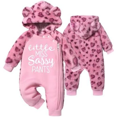 Baby Girl Onesie Snowsuit Bear Outfit Winter Leopard Print Fleece Hoodie Romper Zip Closure Clothes Set