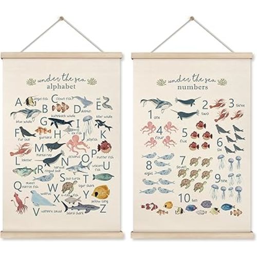 HRQKO Ocean Alphabet Poster Hanger Frame Set of 2, Ocean Nursery Decor, Sea Animal Wall Decor, ABC Poster Art with Wooden Frames, Alphabet Banner Wall Hanging Decor for Playroom Kids Room, 16x24 Inch