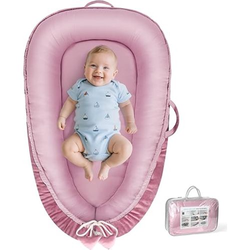 Baby Lounger - Baby Lounger for Newborn 0-24 Months, Breathable & Soft Cotton and Velvet Cover Baby Nest, Portable Cozy Infant Lounger for Home and Travel, Ideal Baby Essentials & Shower Gifts