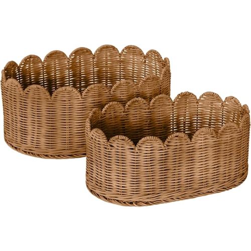 BEBE BASK Premium Scalloped Basket Set Of 2 - Scallop Basket - 16 x 10 x 7 Inch - Hand-Woven Elegant Wicker With Scalloped Edge - Nursery Storage (Mocca)