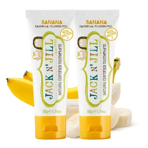 Jack N' Jill Natural Toothpaste for Baby and Infants - Fluoride Free Training Toothpaste, 40% Xylitol, BPA Free - Banana, 1.76 oz (Pack of 2)