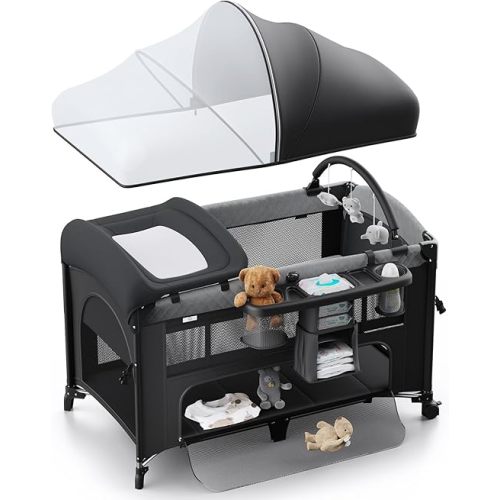 4 in 1 Baby Bassinet, Pack and Play, Bedside Crib Sleeper, Diaper Changer - Comes with Mattress, Mosquito Net，Bottom Storage and Toy Bar for Newborn to Toddles