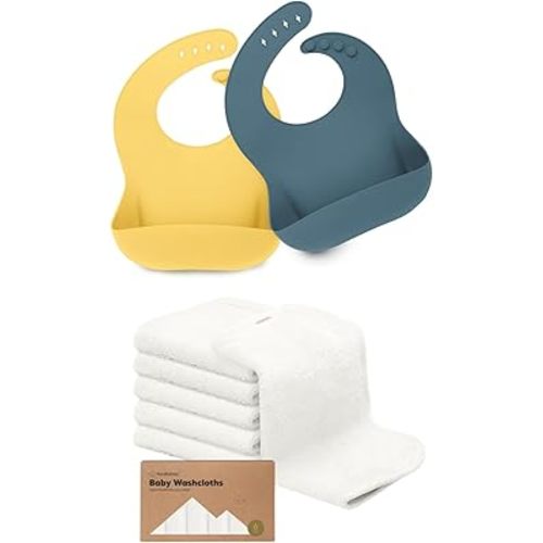 KeaBabies 2-Pack Baby Silicone Bibs and Baby Washcloths - Waterproof, Easy Wipe Silicone Bib for Babies, Toddlers - Baby Towels and Washcloth