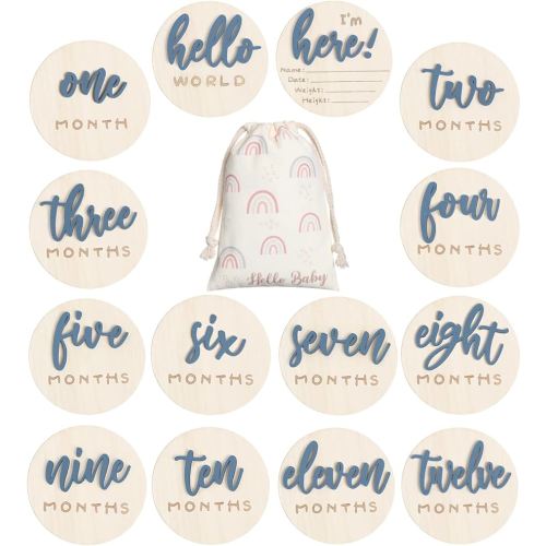 3D Baby Monthly Milestone Card Signs Baby Announcement Sign 7 Pack Double Sided Hello World Newborn Signs Wooden Circles Discs for Welcome Newborn Shower Boy Girl Photo Props(Slate Blue)