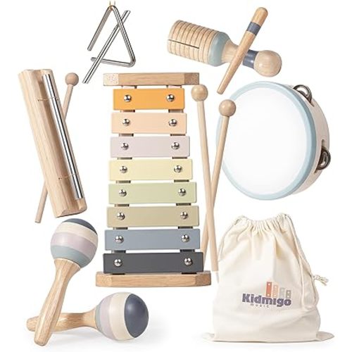 Toddler Musical Instruments 7 in 1 Wooden Xylophone Maracas Baby Sensory Musical Kids Montessori Toys with Canvas Storage Bag