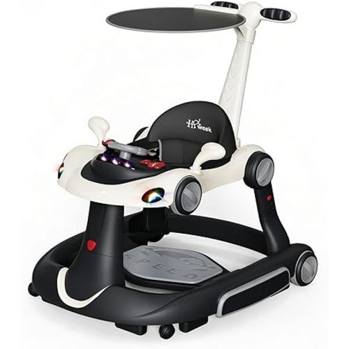 Baby Walker with Wheels, 7-in-1 Foldable Baby Walkers for Boys Girls 6-12 Months with Feeding Tray & Music, Lights,Rocker,Sun Canopy, Bouncing Pedal, Adjustable Wheel Speed, Push Walker (Black)