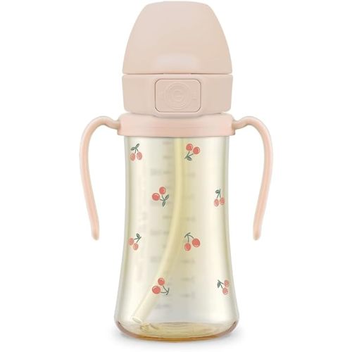 GROSMIMI Baby Straw Cup, Spill-Proof PPSU Sippy Cup with Flip-Top, Rotating Handles for Babies & Toddlers 12+ Months, Bite-Resistant Silicone Straw, BPA-Free, Stage 2, 10oz (Cherry)