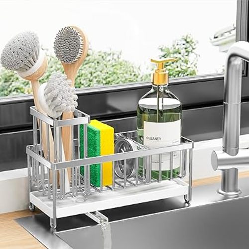 Cisily Sponge Holder for Kitchen Sink, Stainless Steel Silver Sink Caddy with High Brush Holder, Organzier Rustproof Dish Organizer, Soap Dispenser Storage, Kitchen Accessories for Organization