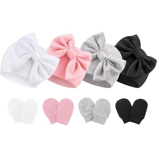 BQUBO Newborn Baby Hats Mittens Set Hospital Hat Beanie Infant Bow Hats Baby Gloves No Scratch Mittens for 0-6 Months