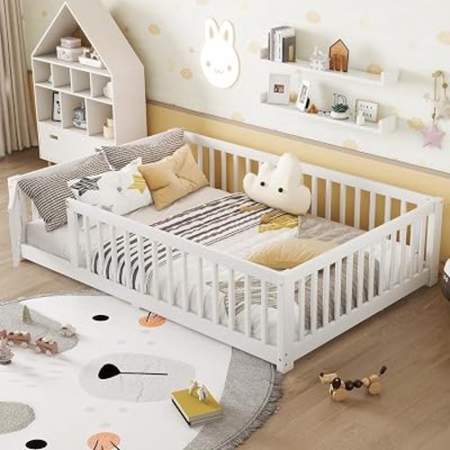 Full Size Montessori Floor Bed with Door, Slats and Fence, White Floor Bed